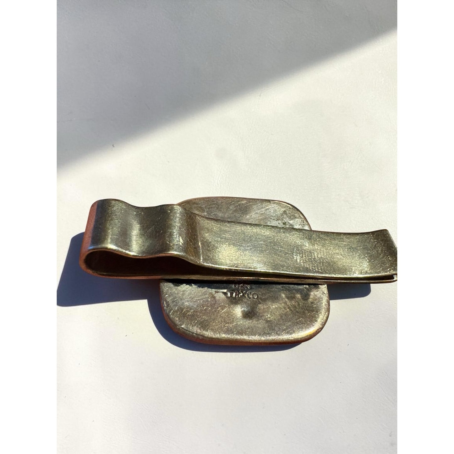 Los Castillos Modernist Face Money Clip Turquoise Inlay Texaco Sterling Copper