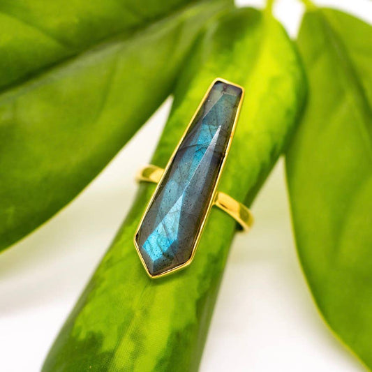 Long Brass Labradorite Bar Ring