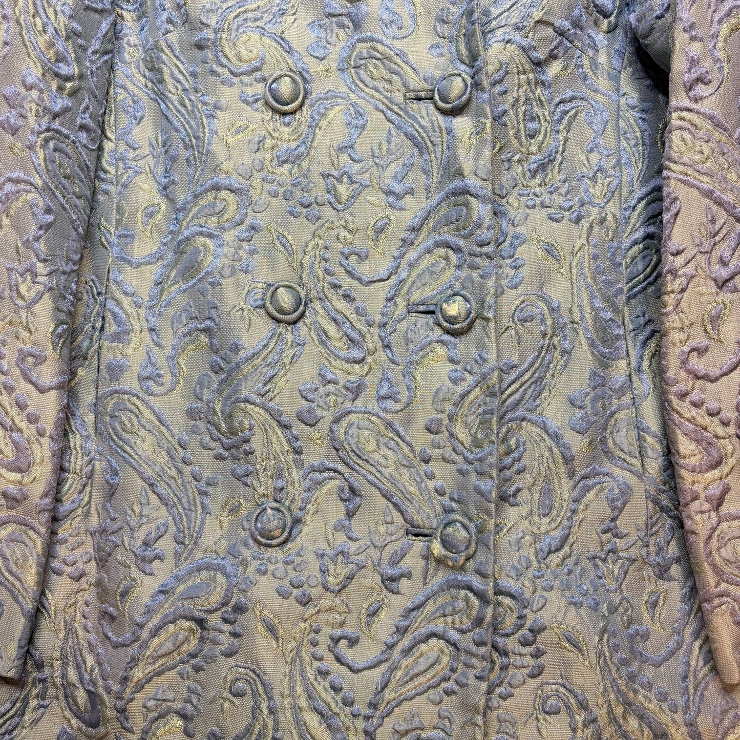 Vintage 1960s Brocade Blue Green Jacquard Coat Long Double Breasted