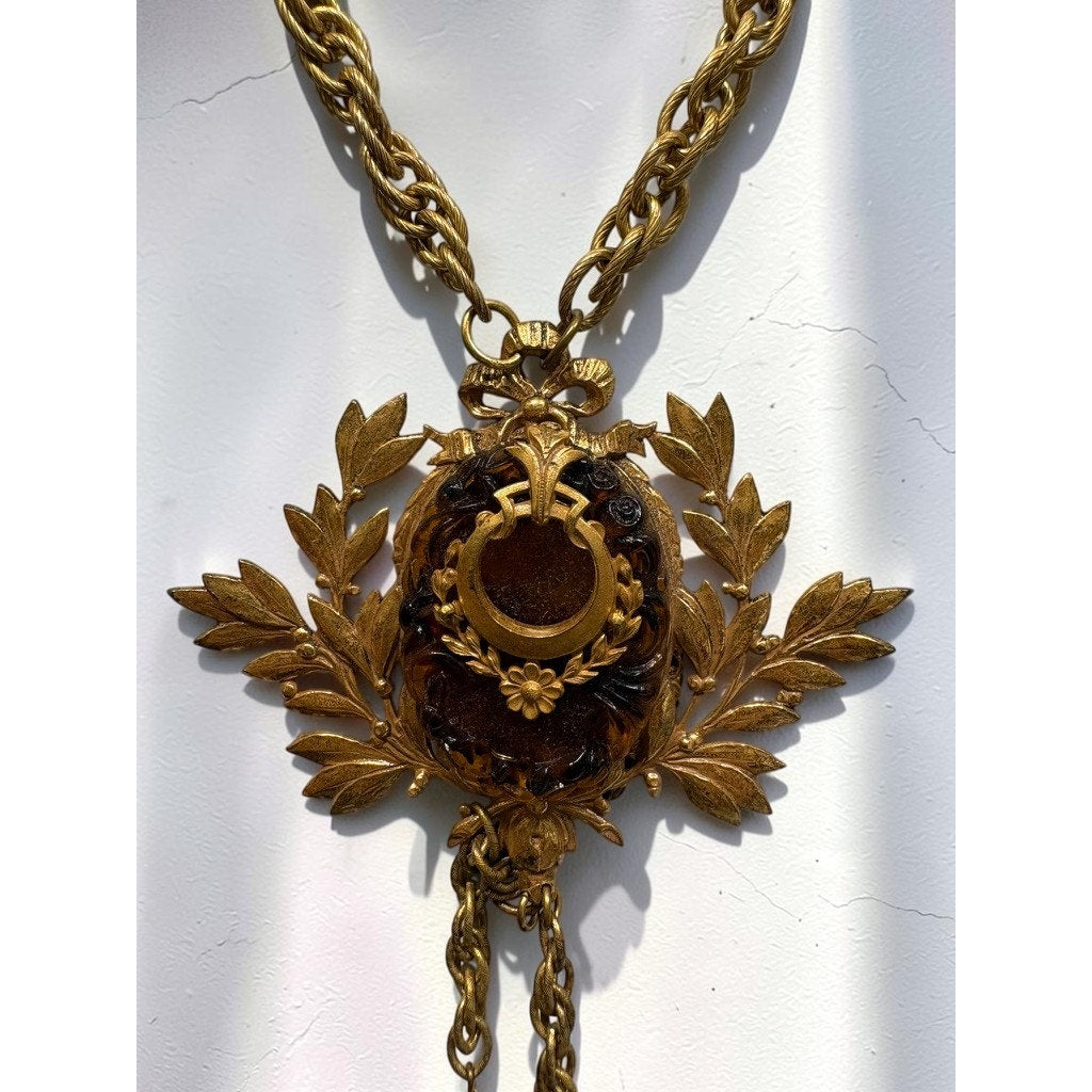 Vintage Miriam Haskell 18" Gold Tone Chain Necklace Laurel Leaf Bead Tassels