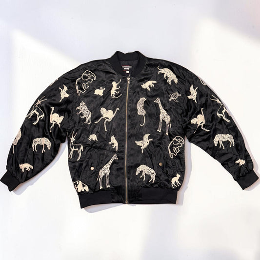 Johnny Was Workshop Satin Silk Bomber Jacket Embridered Animals XS Oversized