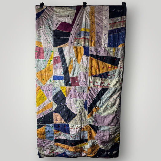Vtg 1930s 1940s Crazy Quilt Handmade Initialed Tieback Multicolor 64”x71”