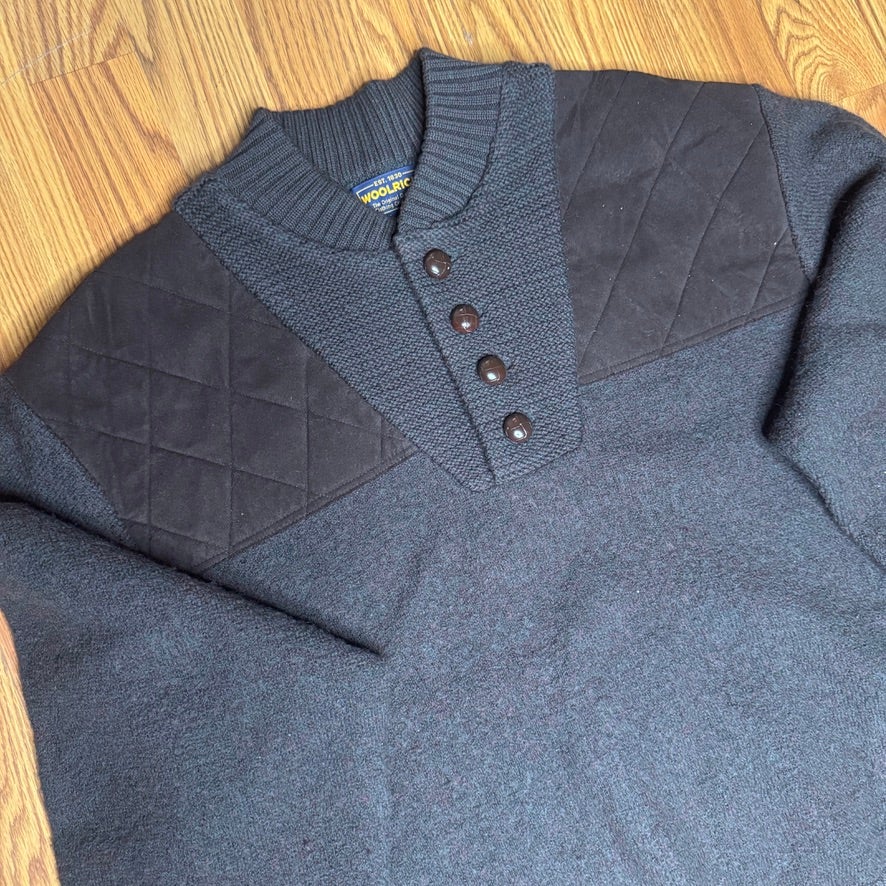 Vintage Woolrich Henley Sweater Green Brown Leather Buttons Suede Shoulder L