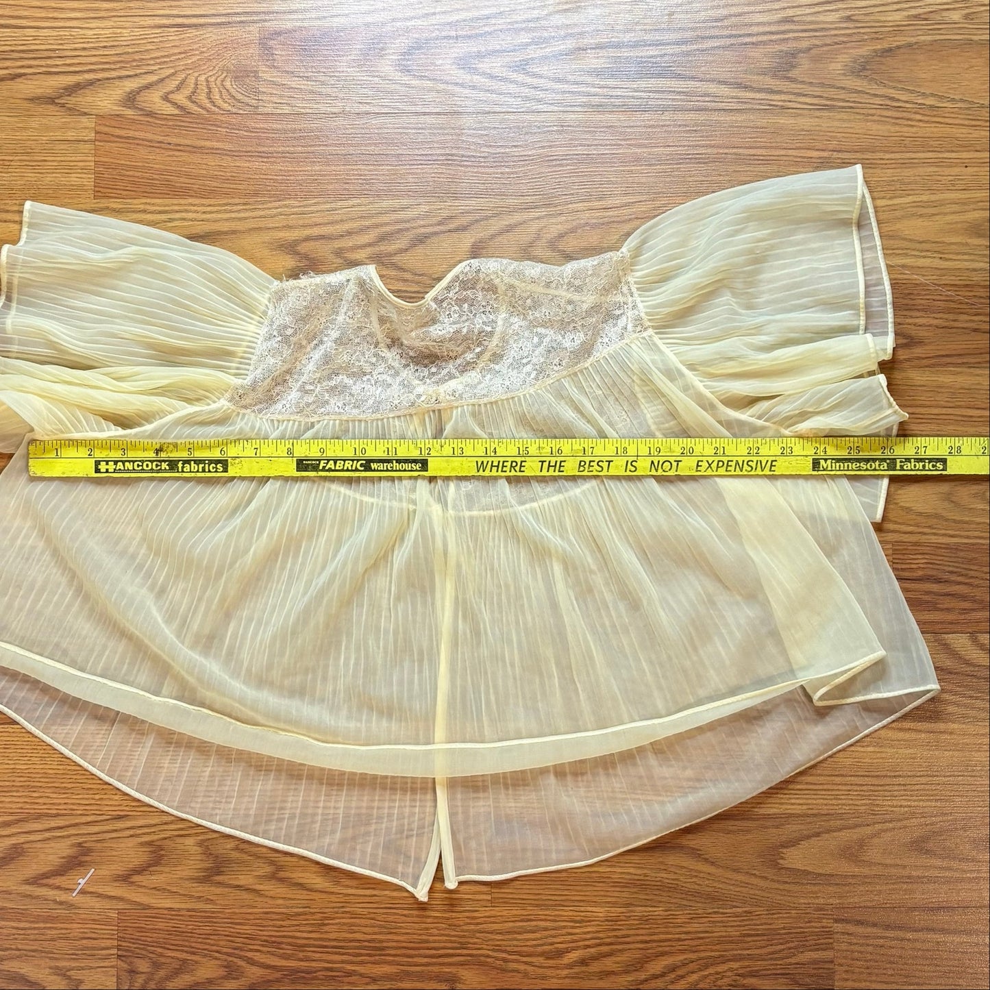 Vtg 1960s Sheer Butter Yellow Lace Pleated Blouse Tie Front Bell Sleeve Boho