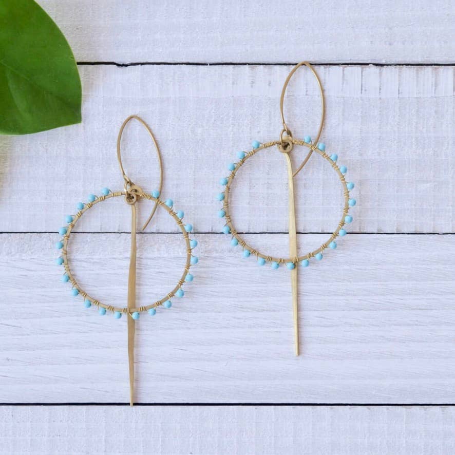 Brass Stone Hoop and Drop Point Earring