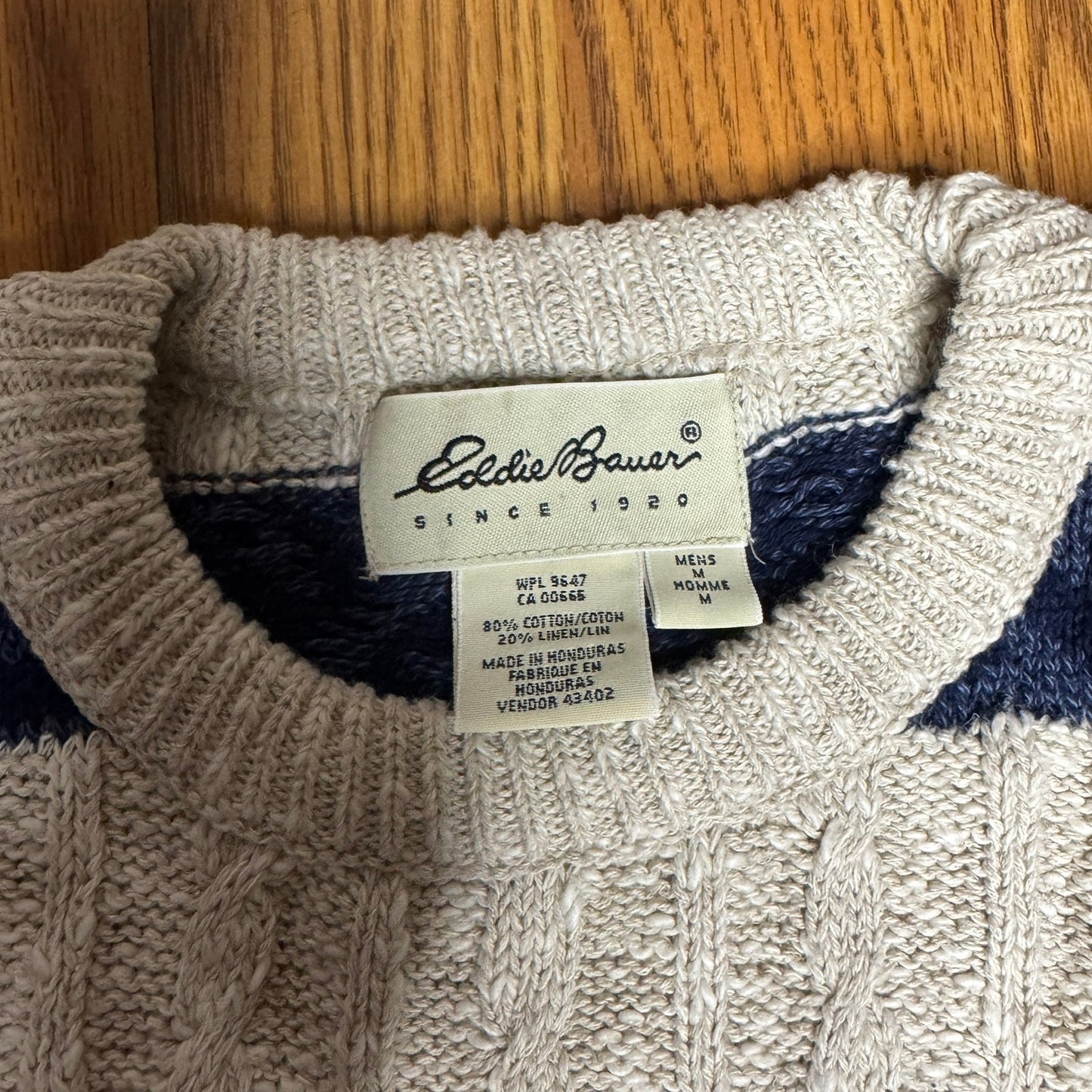 Vintage 1990s New Eddie Bauer Cotton Striped Sweater Blue Tan Oatmeal Medium