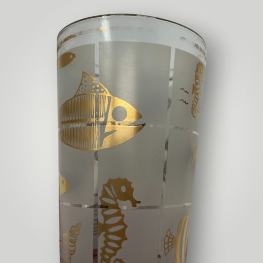 Highball Glasses Frosted 22k Gold Fish Shell Decor Set 3 Mid Century Modern