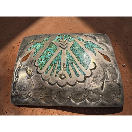 Vintage Signed Early Navajo Sterling Belt Buckle Turquoise Coral Chip Inlay Teepee Birds
