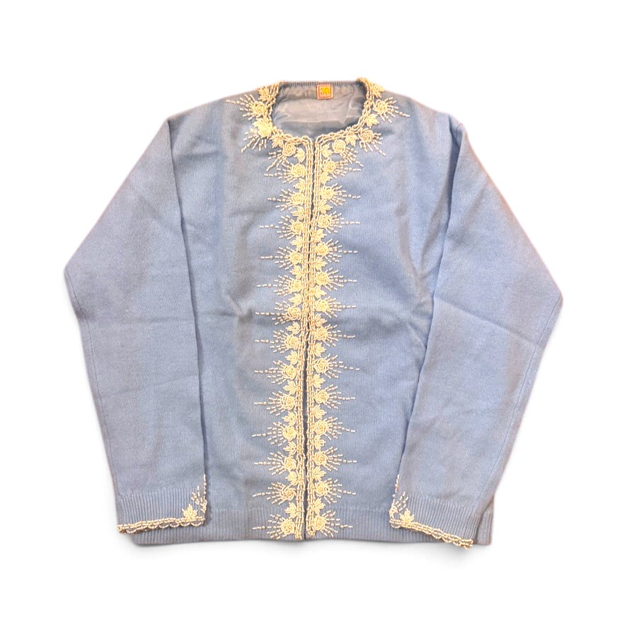 Vtg 1960s Blue Beaded Pearl Cardi Floral Sweater Ivory Angora Wool Blend Lined