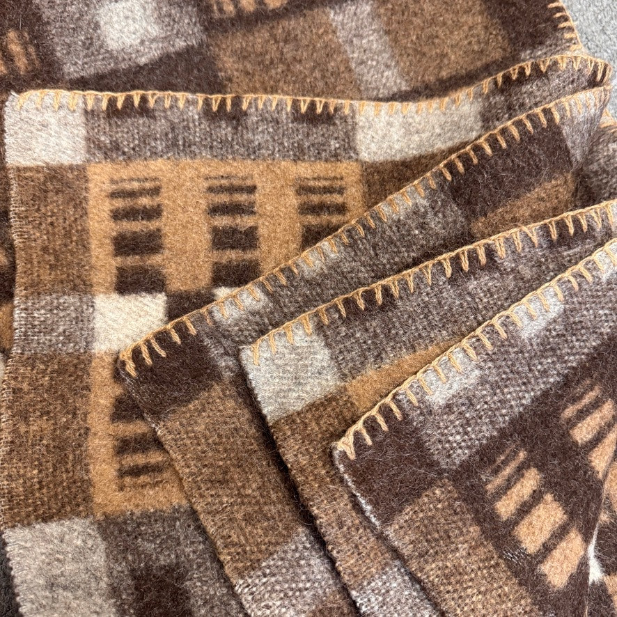 Vtg Brown Wool Blanket Bound Edges Throw Blanket Geometric Pattern 76"x49"