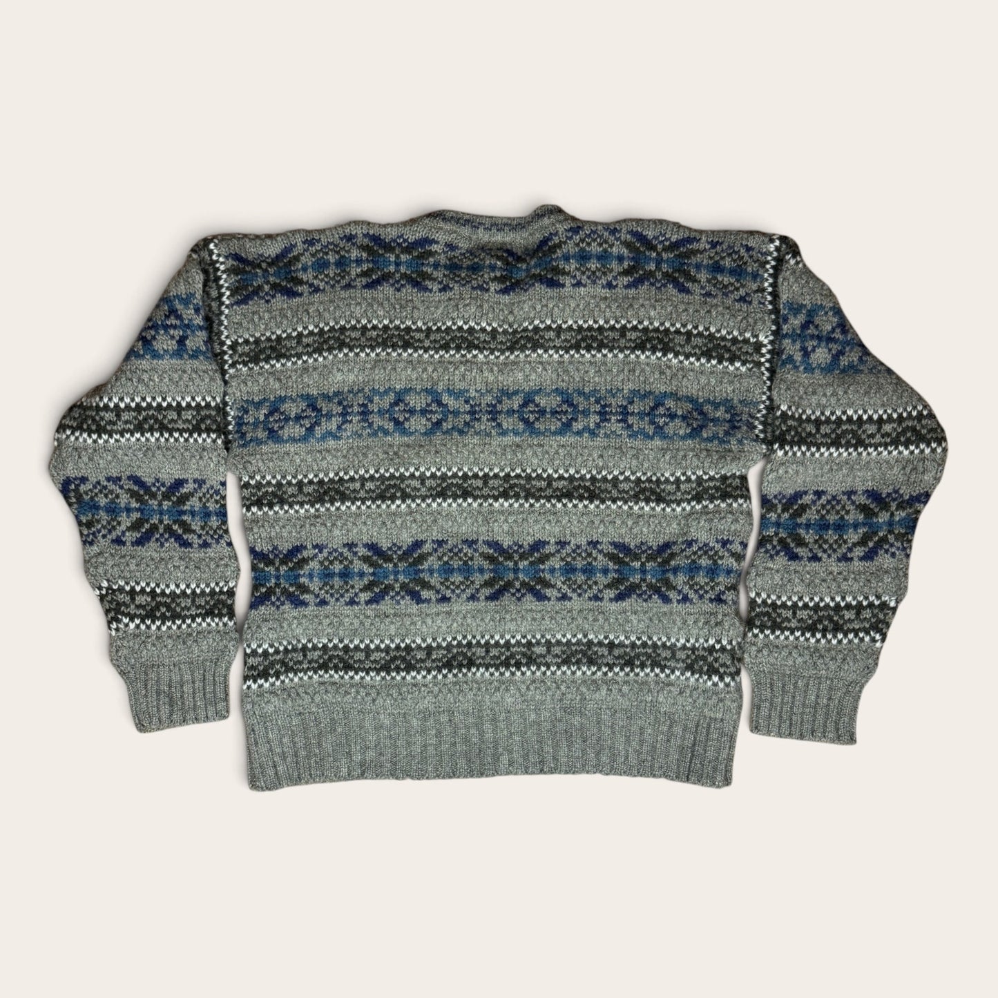 Vintage 1990s Men's Eddie Bauer Shetland Wool Sweater Snowflakes Gray Brown Blue