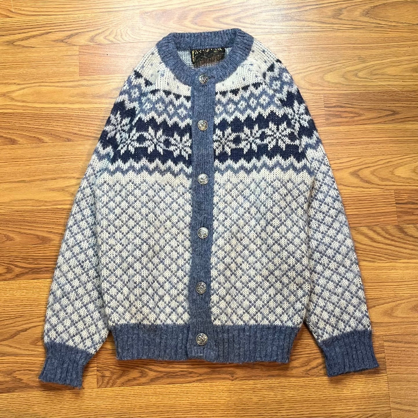 Vtg Norlaender Norway New Wool Nordic Fair Isle Snowflake Cardigan Sweater Mens M