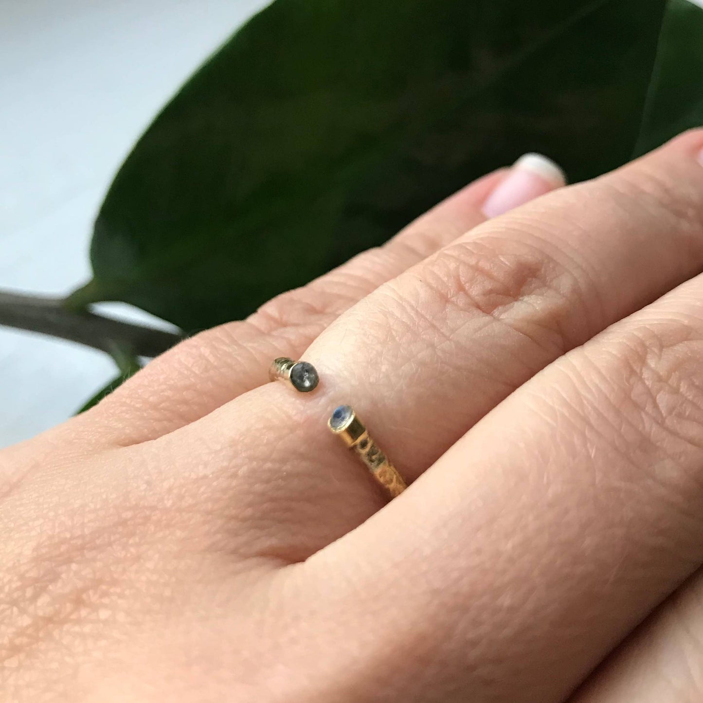 Textured Brass Ring with Double Faceted Stones