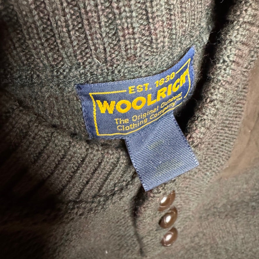 Vintage Woolrich Henley Sweater Green Brown Leather Buttons Suede Shoulder L