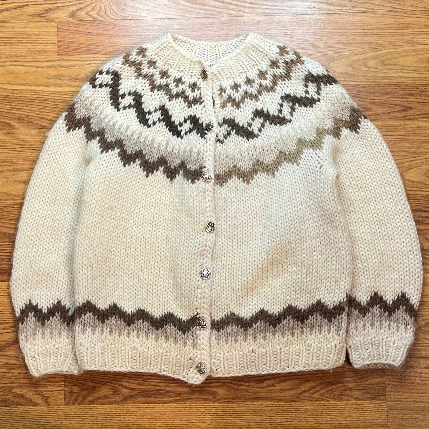 Vtg 1980s Icelandic Sweater 100% Pure Wool Hand Knit Nordic Cardigan Womens M