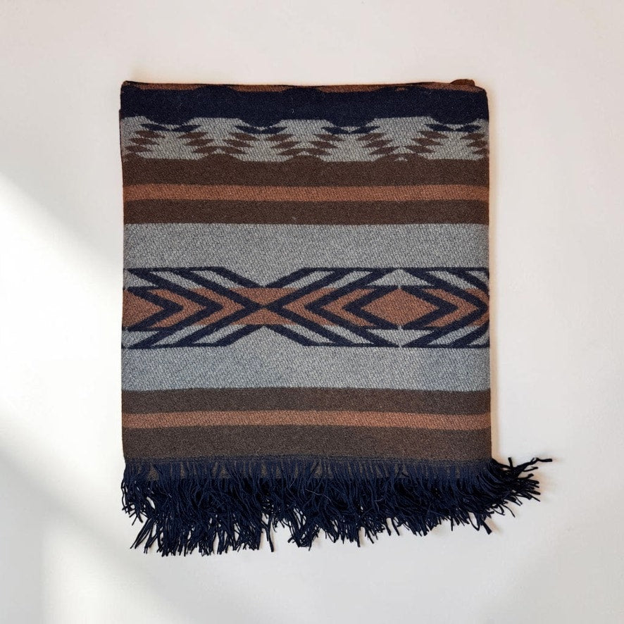 Pendleton Fringed Throw Chimayo Neutrals Black Tan Brown Red 100% Wool  60”x64”