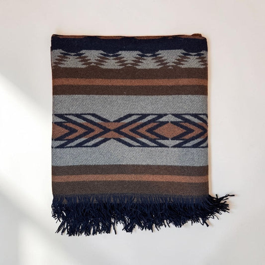 Pendleton Fringed Throw Chimayo Neutrals Black Tan Brown Red 100% Wool  60”x64”