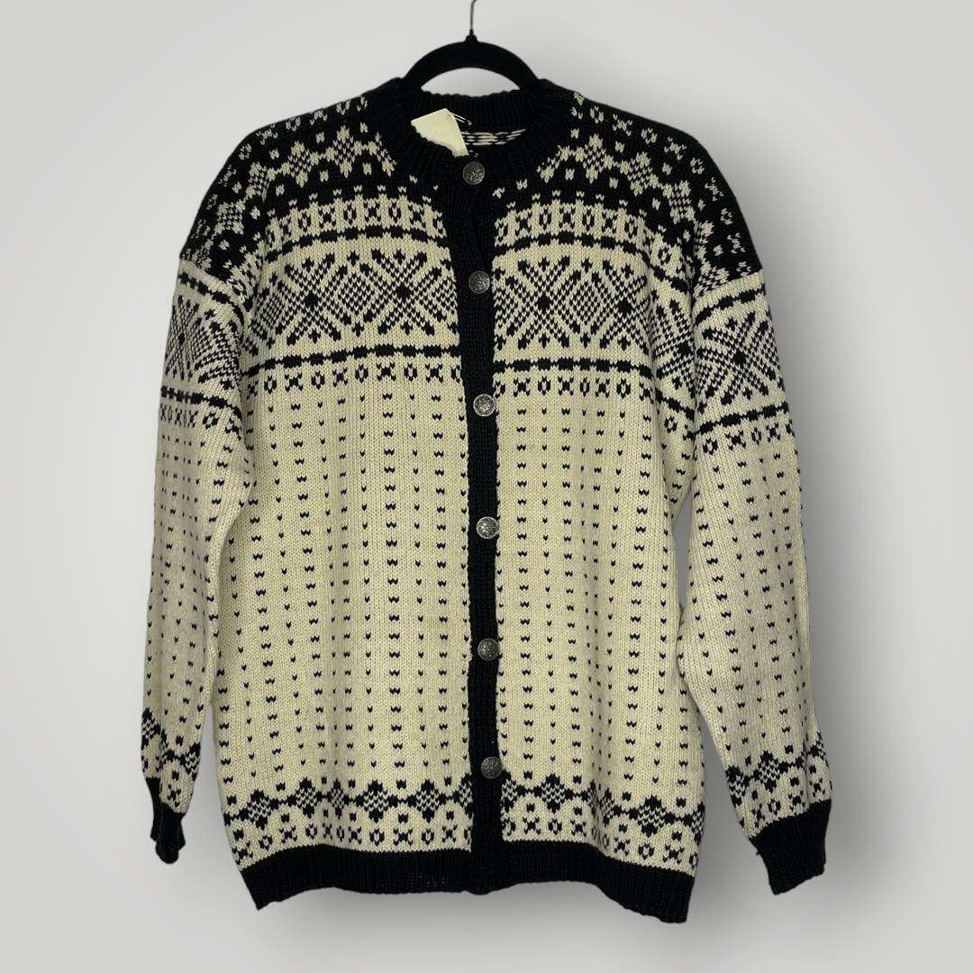 Vintage Handmade Knit Scandinavian Cardigan Sweater Cream Black Large XL Wool