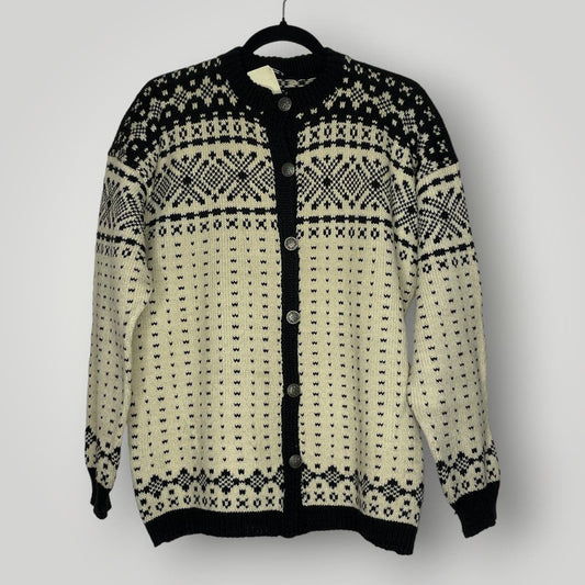 Vintage Handmade Knit Scandinavian Cardigan Sweater Cream Black Large XL Wool