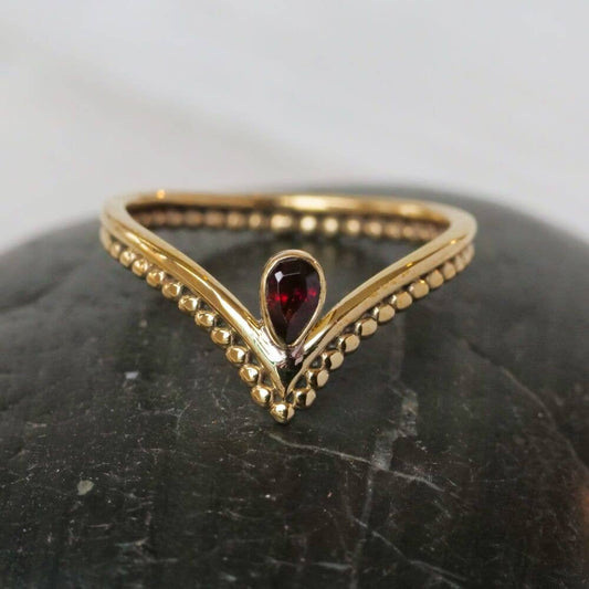 Brass Spotted Chevron Ring with Garnet Stone