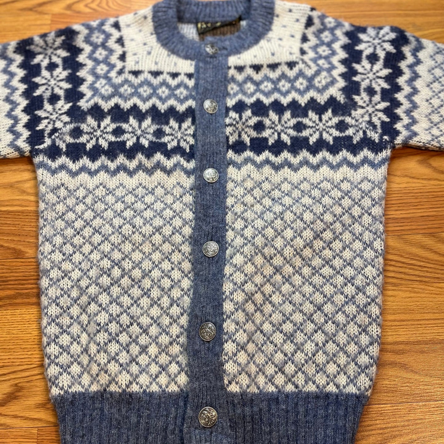 Vtg Norlaender Norway New Wool Nordic Fair Isle Snowflake Cardigan Sweater Mens M