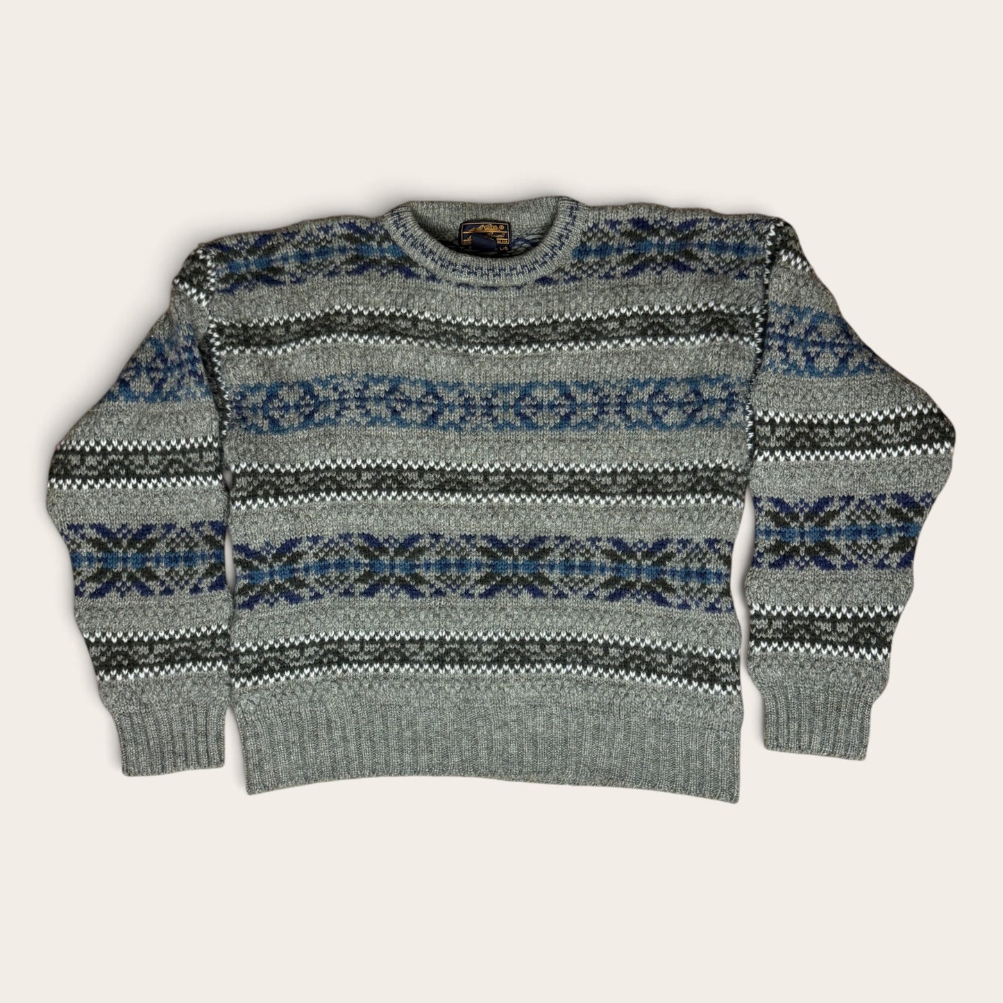 Vintage 1990s Men's Eddie Bauer Shetland Wool Sweater Snowflakes Gray Brown Blue