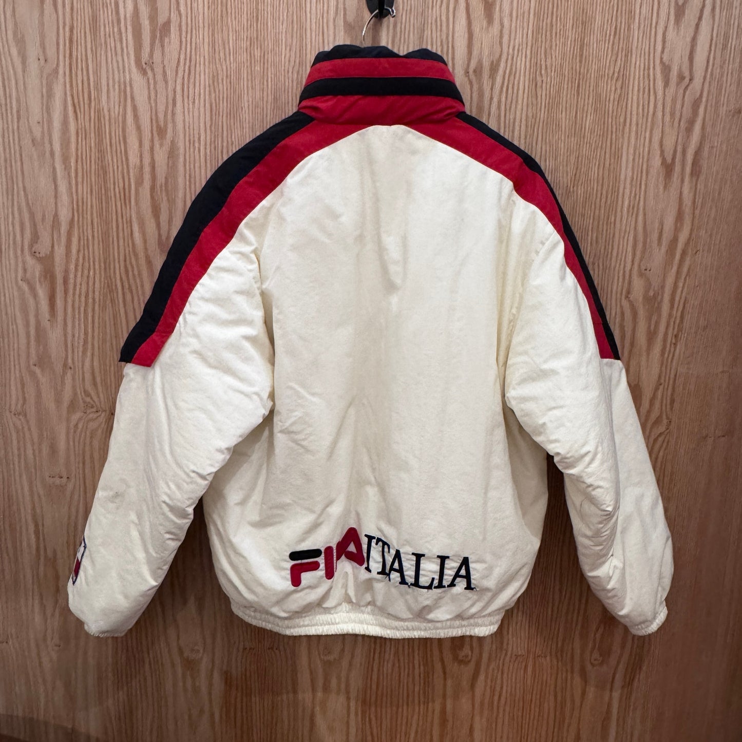 Vintage 1990s Fila Italia Jacket Red White Black Puffer Jacket Mens Large Hood