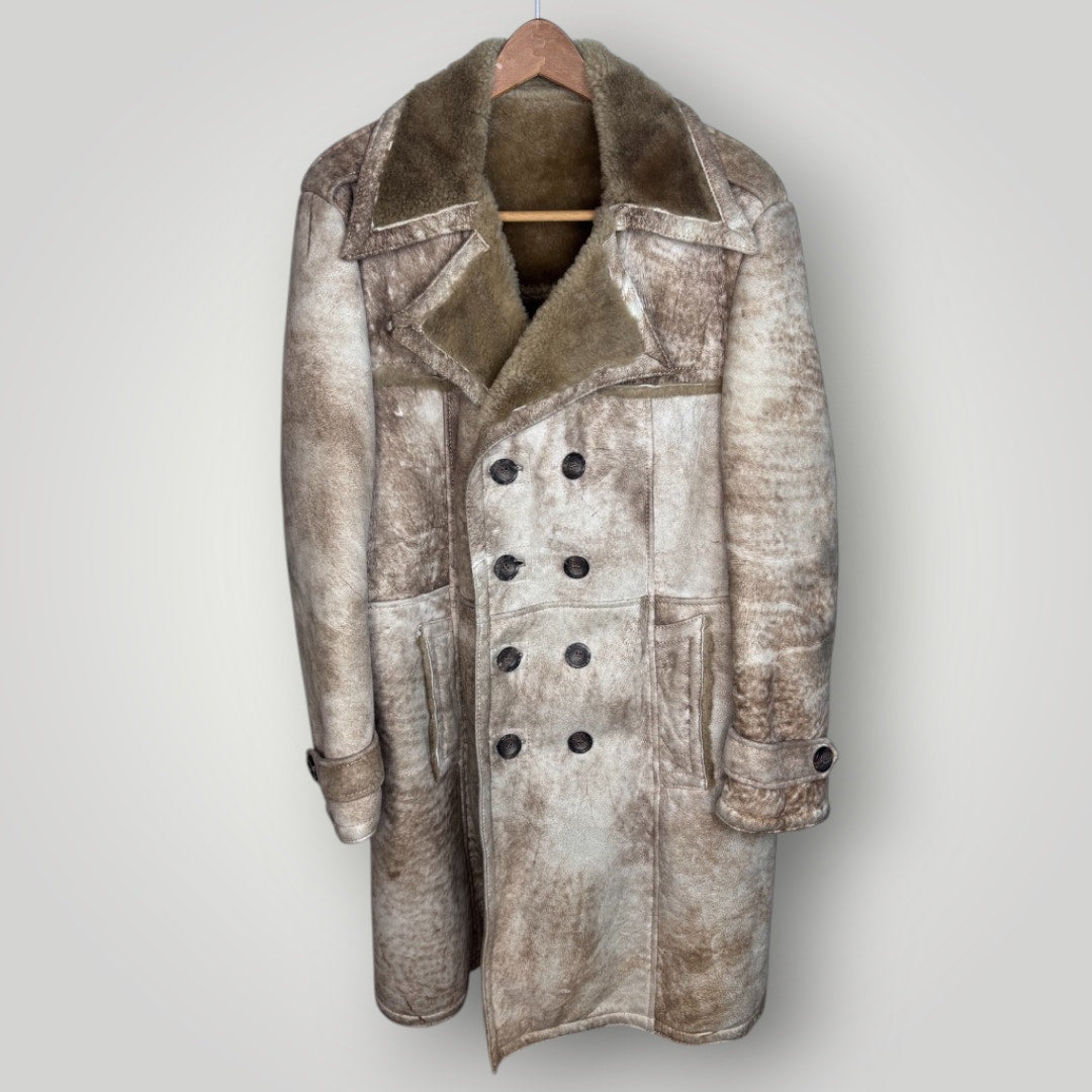 Vintage Lakeland Sheepskin Shearling Coat Double Breasted Antler Buttons Large