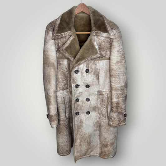 Vintage Lakeland Sheepskin Shearling Coat Double Breasted Antler Buttons Large