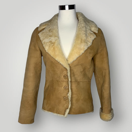 Vintage Sheepskin Shearling Single Breasted Short Coat Brown Tan Women's Small