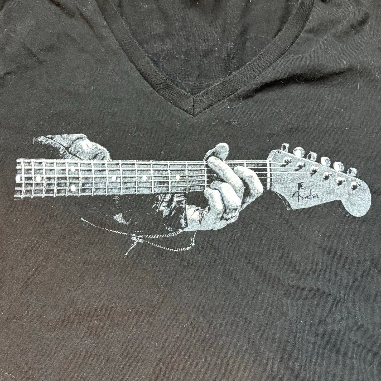 Fender Guitar Graphic V Neck T Shirt Women’s Medium Black 100% Cotton Music Tee