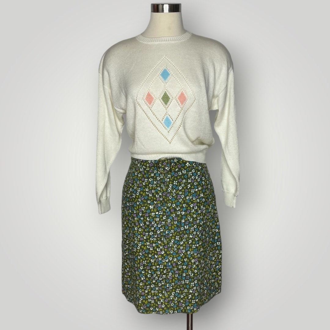 Vintage 1970s Floral Belted Mini Skirt Ditsy Skirt Green Blue Women's Small L