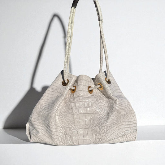 Vintage Brahmin Bag Deidre White Drawstring Melbourne Crocodile Embossed Purse
