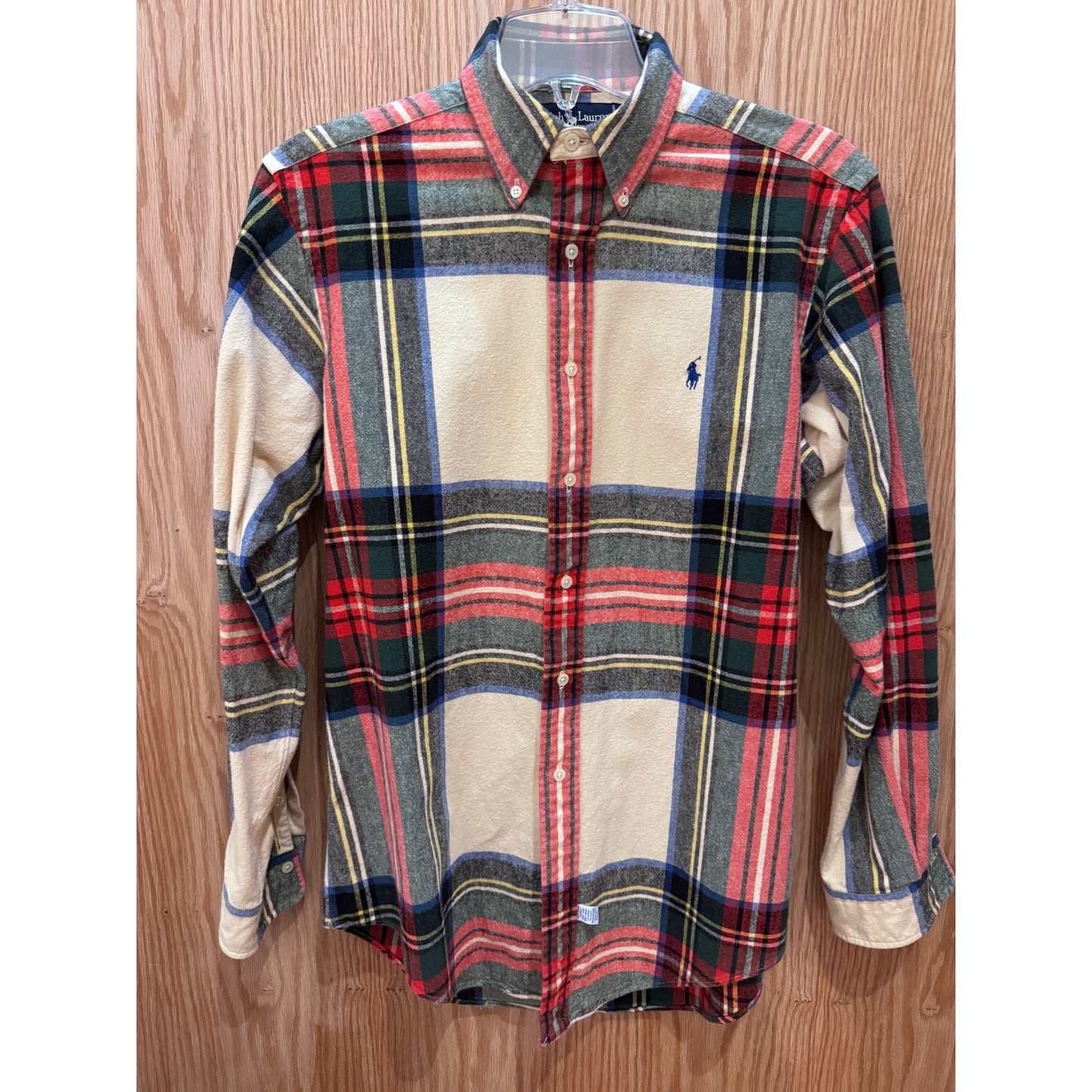 Vintage 1990s Ralph Lauren Flannel Cotton Soft Heavy M Plaid Cream Red Green