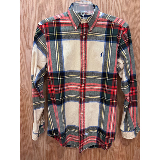 Vintage 1990s Ralph Lauren Flannel Cotton Soft Heavy M Plaid Cream Red Green