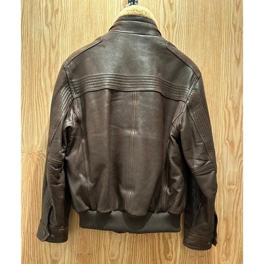 Vintage Andrew Marc Leather Brown Bomber with Faux Fur Collar Men's Medium