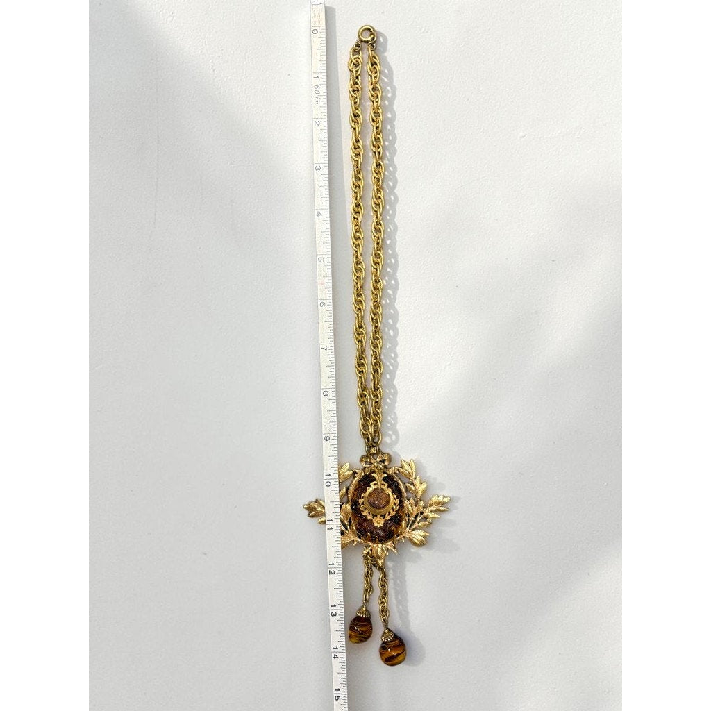 Vintage Miriam Haskell 18" Gold Tone Chain Necklace Laurel Leaf Bead Tassels