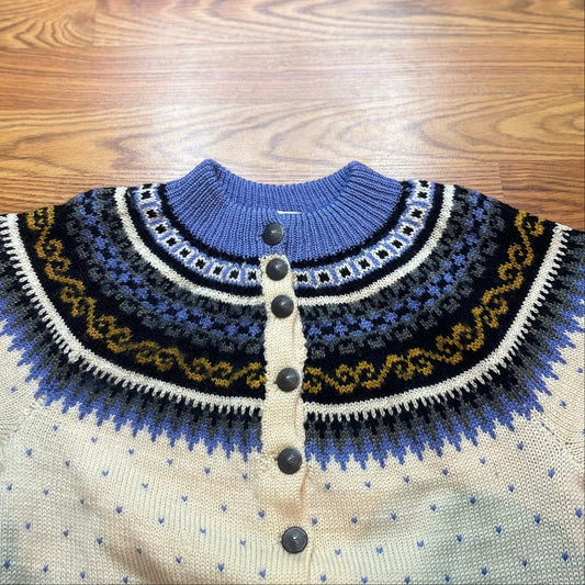 Vintage 1980s Handmade Fair Isle Wool Cardigan Sweater Blue Cream Women S Cottagecore