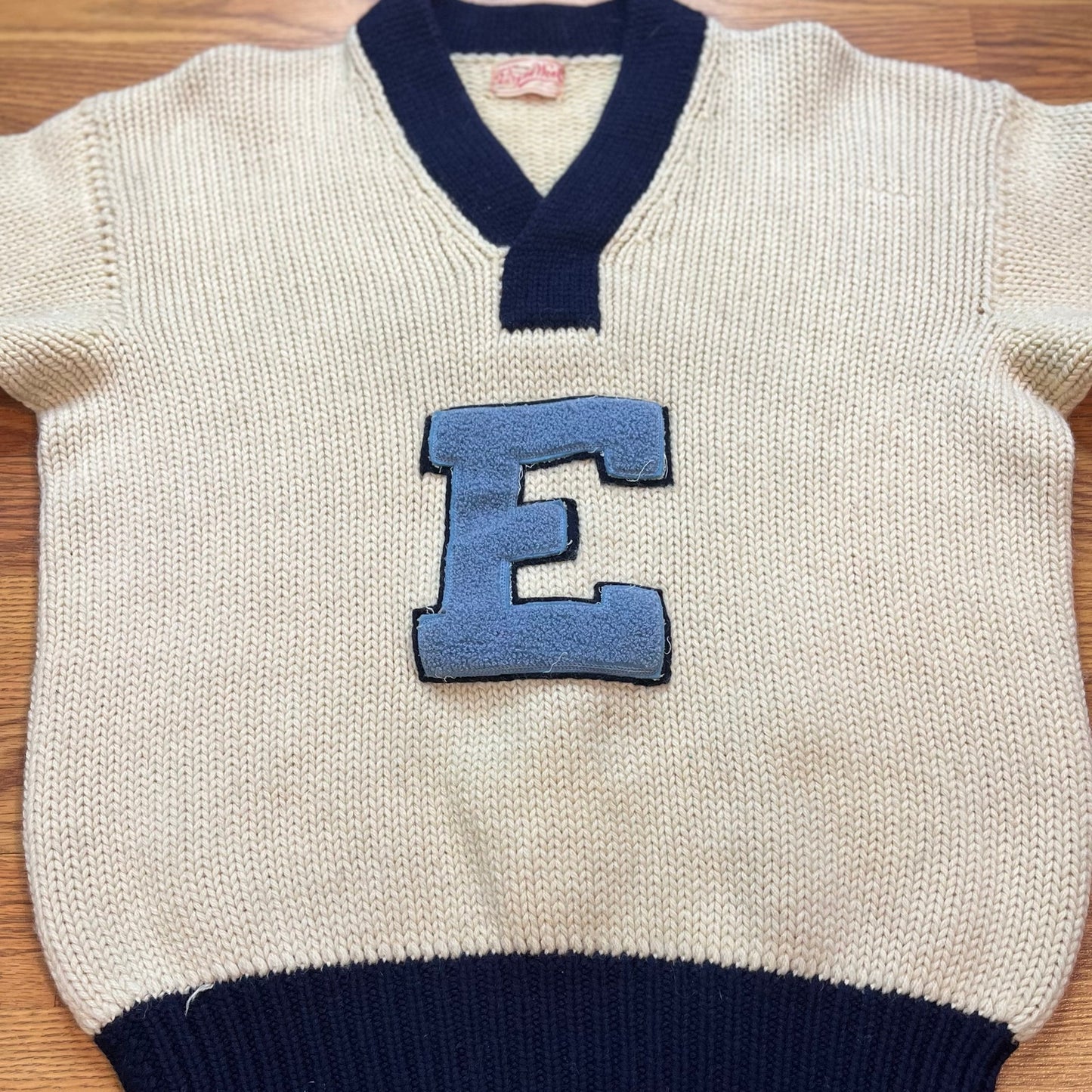 Vtg 1950s Virgin Wool Letterman Sweater Chenille E Patch Collegiate Ivy Men's L