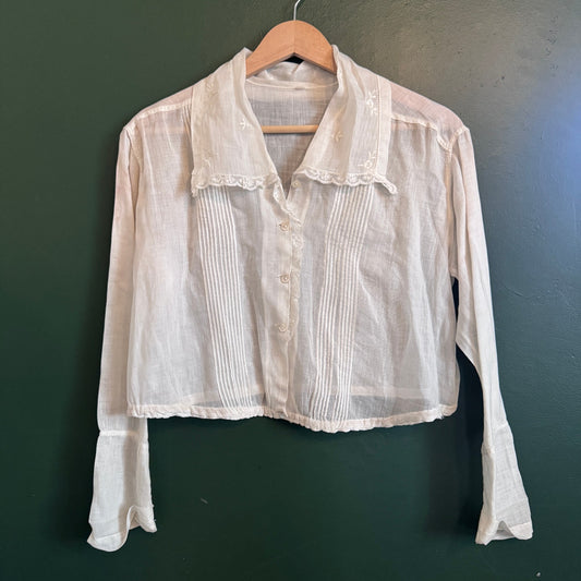 Antique Edwardian 1910s Top Sheer Cotton Voile Embroidery Ivory Blouse Shirtwaist