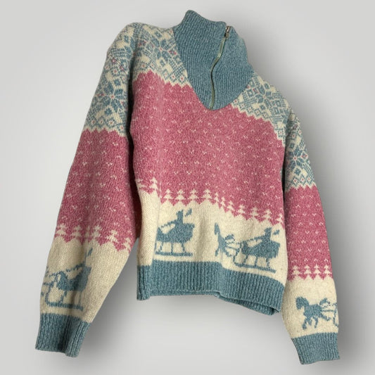 Vintage Woolrich 1/4 Zip Wool Cropped Sweater Pink Blue Cream Sleigh Women's Sm