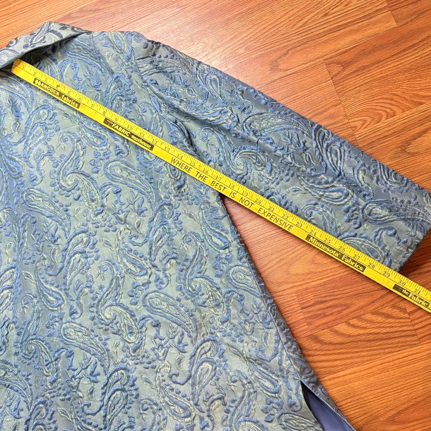 Vintage 1960s Brocade Blue Green Jacquard Coat Long Double Breasted