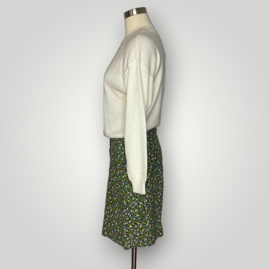 Vintage 1970s Floral Belted Mini Skirt Ditsy Skirt Green Blue Women's Small L