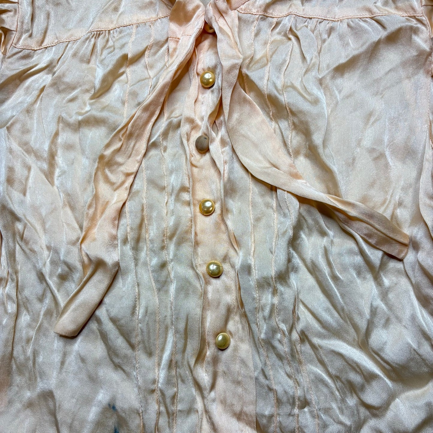 Vintage 1930s Silk Satin Blouse XS S Puff Sleeve Bow Neck Pearl Buttons Coquette