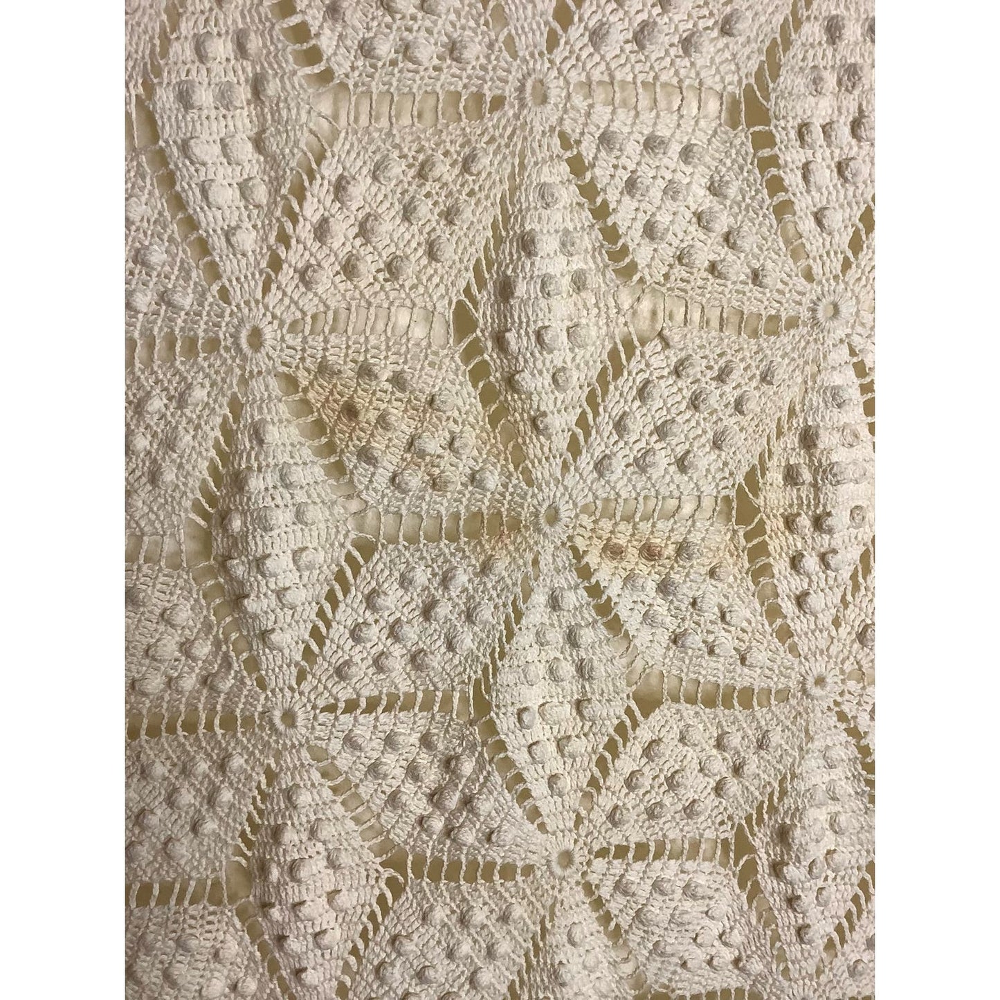 Vtg Crocheted Tablecloth 6 Pointed Creator's Star Fringe Popcorn Ivory 100"x72"