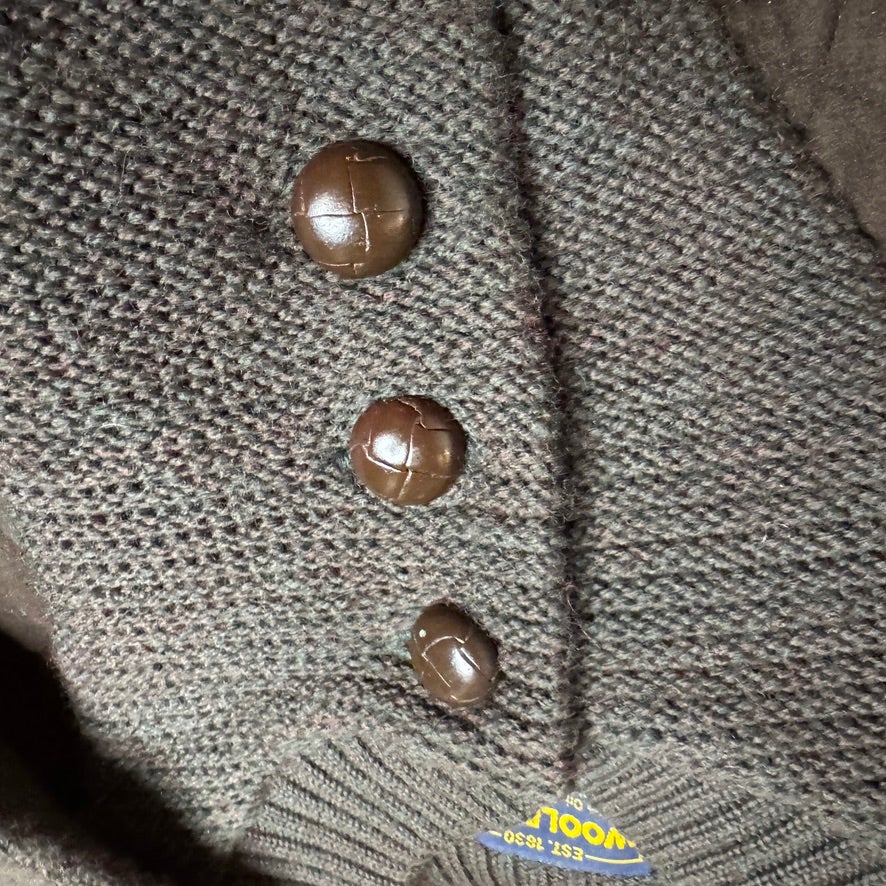 Vintage Woolrich Henley Sweater Green Brown Leather Buttons Suede Shoulder L