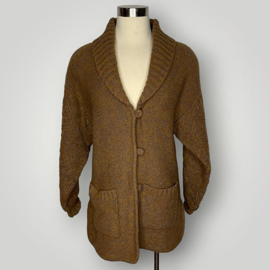Vintage LeRoy Wool Cardigan Brown Marled Top Balloon Sleeve Women's Shawl Collar