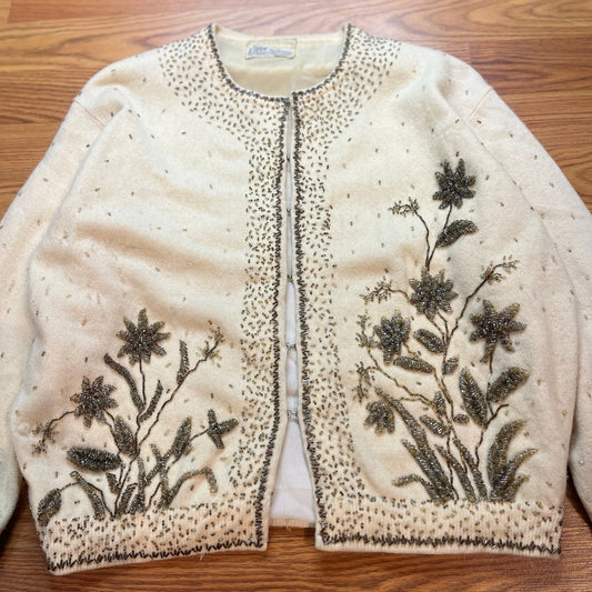 Vintage 1950s LeRoy Knitwear Beaded Floral Wool Cardigan Sweater Women’s M