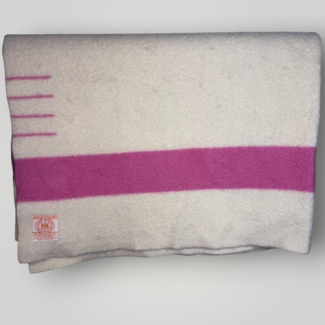 Vintage Hudson Bay 4 Point Blanket 1950s Rare Pink Fluffy Wool 72”x88” Double