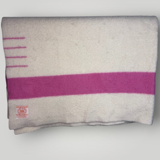 Vintage Hudson Bay 4 Point Blanket 1950s Rare Pink Fluffy Wool 72”x88” Double